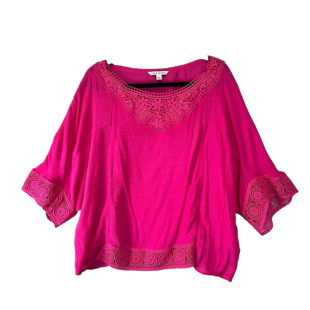 Zac & Rachel Top Women Large Pink Crochet Lace Long Sleeve Pullover Blouse Gauzy